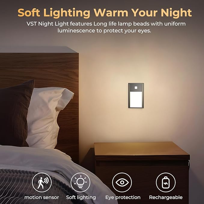 VST Motion Sensor Step Night Lights, Rechargeable Battery Powered Stair Lights with Magnetic Suck Installation for Indoor Bedroom Hallway Stair Nursery Kids Room (2.68 inch 3000K 3Pack Black)