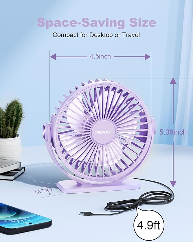 TriPole Desk Fan USB Powered Small Portable Fan, 3 Speeds Adjustable Strong Breeze Mini Personal Fan, 360° Rotation Quiet Plug In USB Fan for Desktop Bedroom Office Table Travel, Purple, 4.9ft Cable