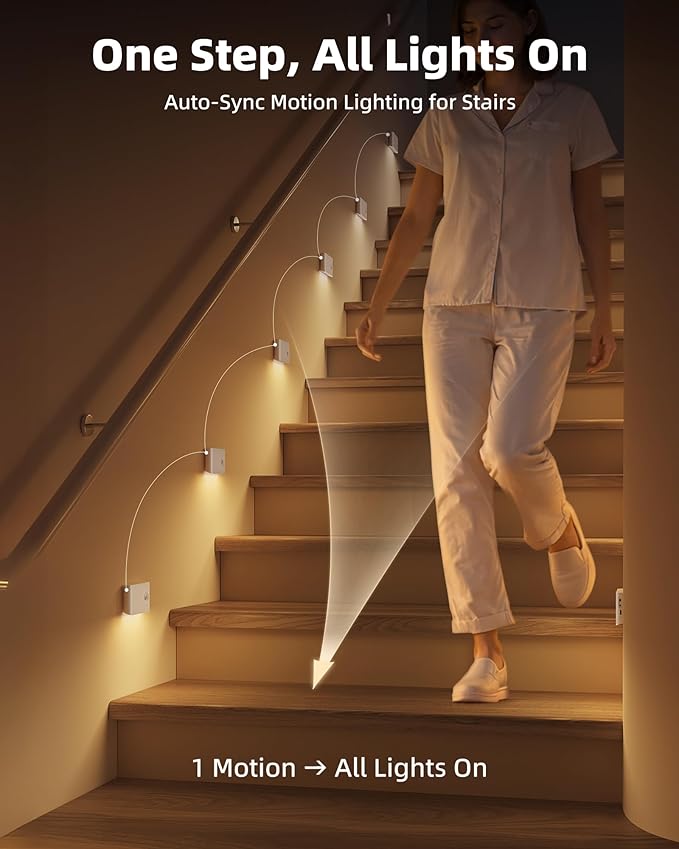 EZVALO 6 Pack Motion Sensor Night Lights with Charging Station, Sync LED Stair Lights Indoor, 1500mAh Rechargeable, Magnetic & Dimmable, 3000K Soft White, Portable Nightlight for Hallway, Stairs