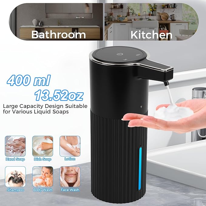 Automatic Foaming Soap Dispenser, 13.52oz/400ml Rechargeable Touchless Smart Foam Soap Dispenser, Hand Dish Soap Dispensers for Bathroom & Kitchen - Wall Mounted, 4 Adjustable Level, IPX5 Waterproof