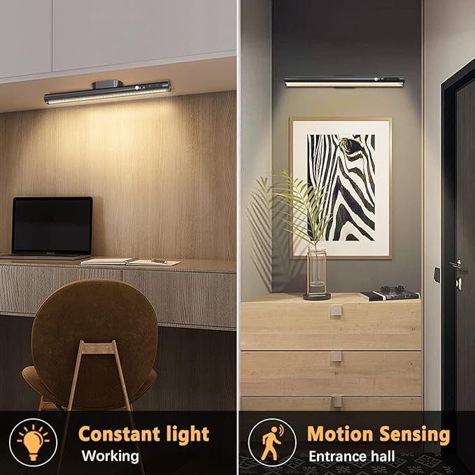 Battery Powered Operated Wall Strip Lights, Motion Sensor LED Light Bar Indoor, Rechargeable Magnetic Under Cabinet Lighting Wireless with Remote Control for Desk Mirror Closet Kitchen-Black