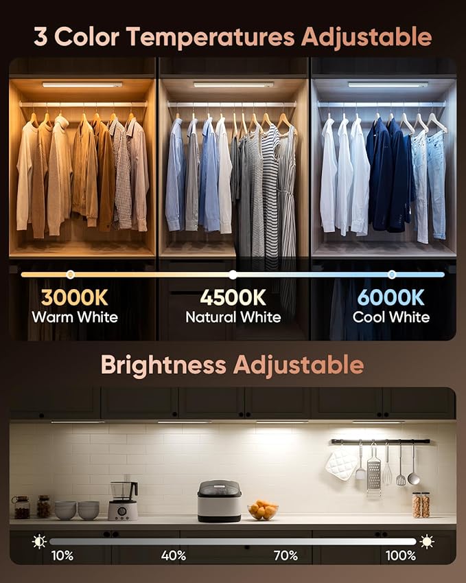 12inch Under Cabinet Lighting, 152LED Motion Sensor Light Indoor, USB Rechargeable Closet Lights, 3 Color Temps, Dimmable, Wireless Under Counter Lights for Kitchen, Stairs, Pantry, 2 Pack
