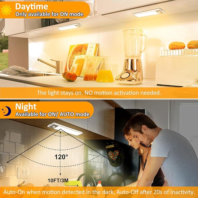 30-LED Motion Sensor Under Cabinet Lighting, 8-inch Magnetic Rechargeable Under Counter Closet Lights, Wireless Light Bar, 3-Pack, Warm White