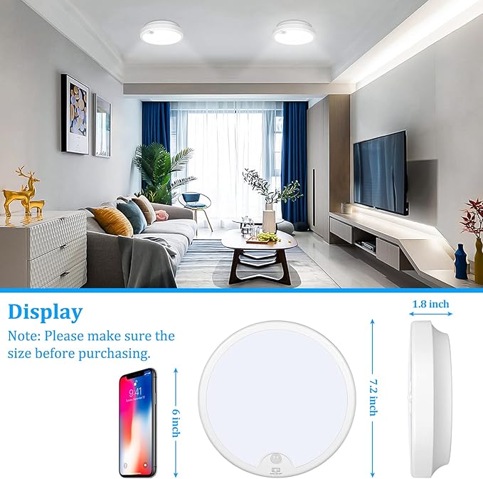 2-Pack Battery Operated Motion Sensor LED Ceiling Light, 7.2inch Flush Mount Light Fixture 6000K, Wireless Motion Activated Ceiling Lamp in 400LM for Closet Pantry Laundry Stair(Battery Not Included)