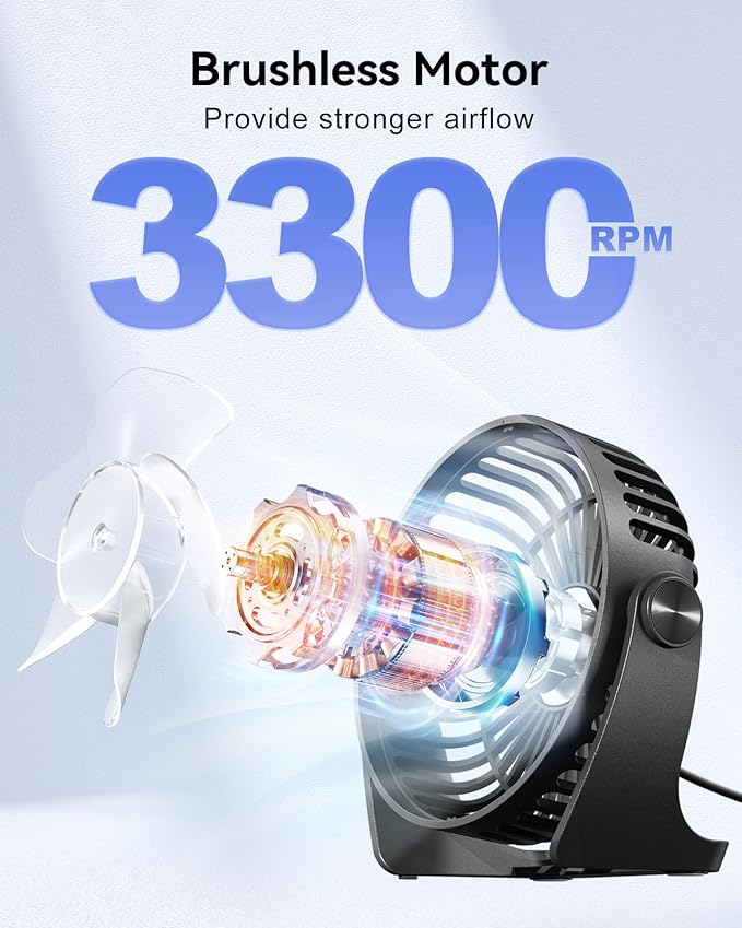 Edvision USB Desk Fan, 5 Inch Small Portable, 3 Speeds Powerful Wind Mini Personal Desktop Fan 360° Rotation Adjustable, Plug In USB Fan Quiet for Table Home Office Travel Car(Black)