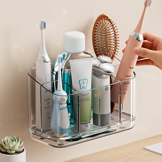 MOPMS Toothbrush Holders for Bathrooms, 5 Slots Adjustable Divider Tooth Brush and Toothpaste Holder for Easy Clean, Wall Mounted & Countertop Organizer with Drain Tray for Shower/Kitchen