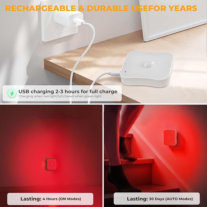 Red Motion Sensor Night Lights Rechargeable Battery Night Light Magnetic Red Light Night Lights for Sleep Aid, Bathroom, Hallway, Stair, Bedroom, Travel, 2 Pack