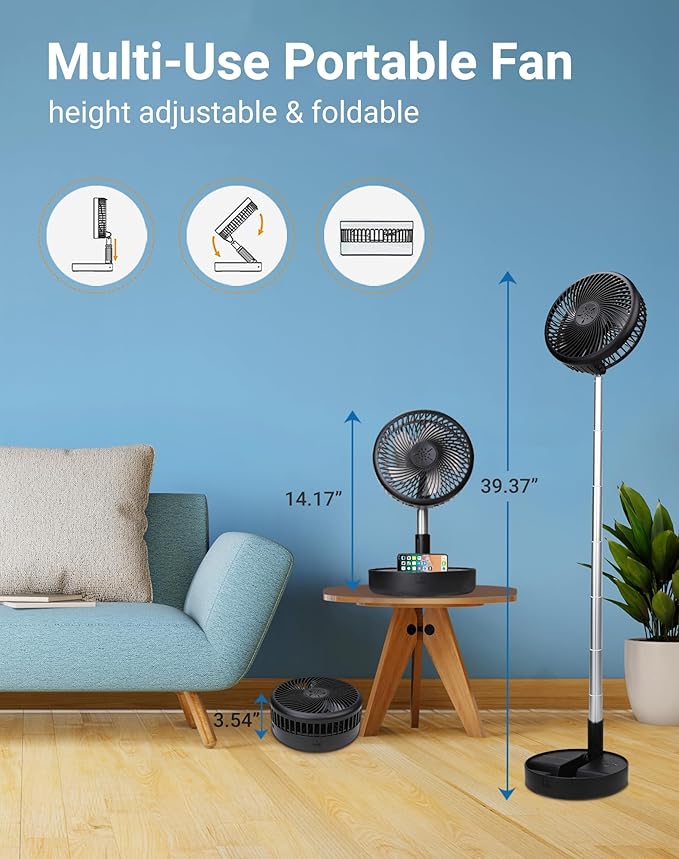 Primevolve Portable Fan,Battery Operated Rechargeable USB Fan with Remote, Foldable Floor Table Desk Pedestal Fan for Bedroom Camping Travel,Black 7.7"