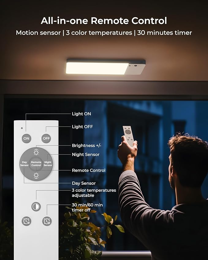 FULEN 2 Pack Rechargeable Motion Sensor Ceiling Light Upgraded, Cordless Closet Light with 12000mAh Battery, LED Shower Light for Bathroom,Pantry,Porch,Garage,3000K/4500K/6000K, Remote Control