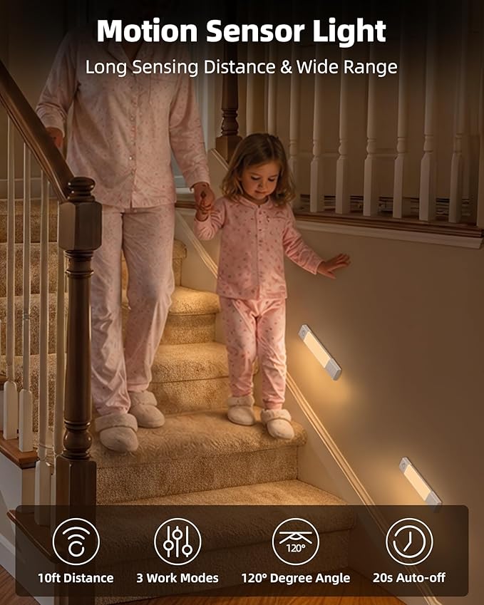EZVALO 7.8" Rechargeable Motion Sensor Light Indoor, 6-Pack Under Cabinet Lighting, Wireless Closet Lights, 30 LED, Dimmable, 3 Color Temperatures, Step Lights for Kitchen, Pantry, Bedroom, Wardrobe