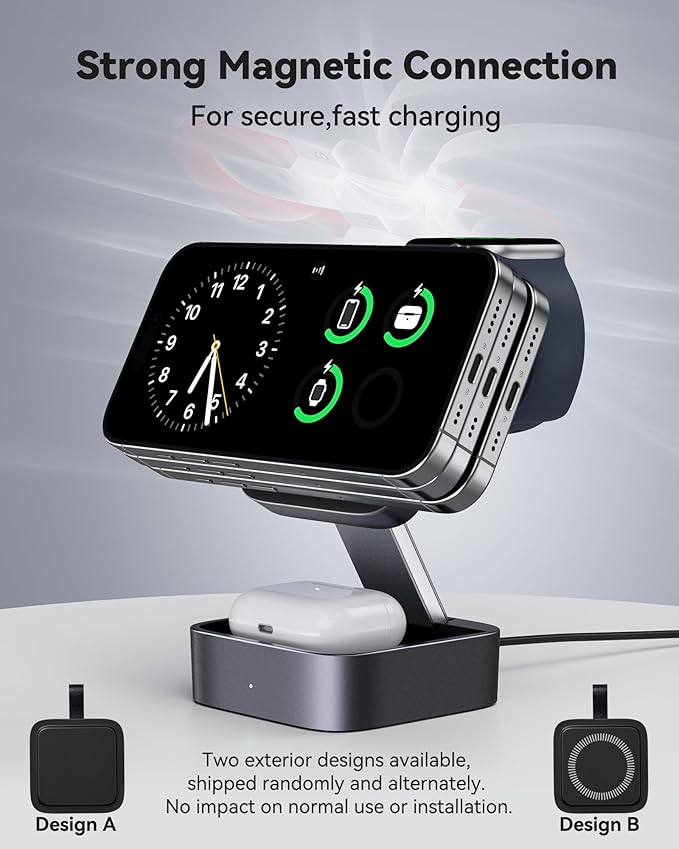 3 in 1 Wireless Charging Station for Apple Devices, Magnetic Foldable Travel Fast Charger Stand Compatible with MagSafe for iPhone Air/17/16/15/14/13/12 Series, Apple Watch & AirPods Pro/4/3/2-Black