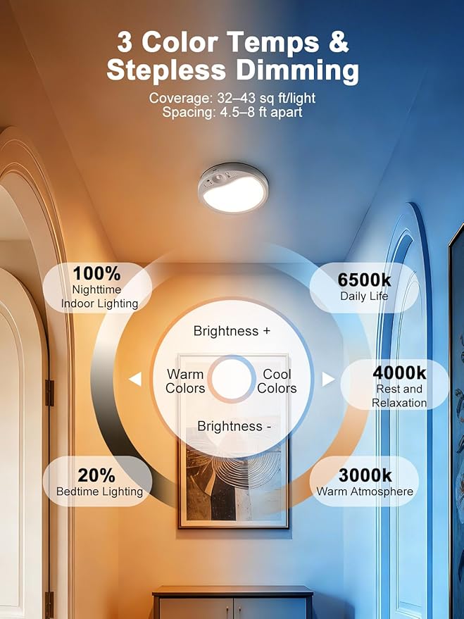TANBABY Rechargeable Motion Sensor Ceiling Light Indoor with Remote, 3-Color Wireless Battery Operated Lights, 7'' Slim Ceiling Light Adjustable Motion Timer 30s/60s/120s for Closet Shower Hallway