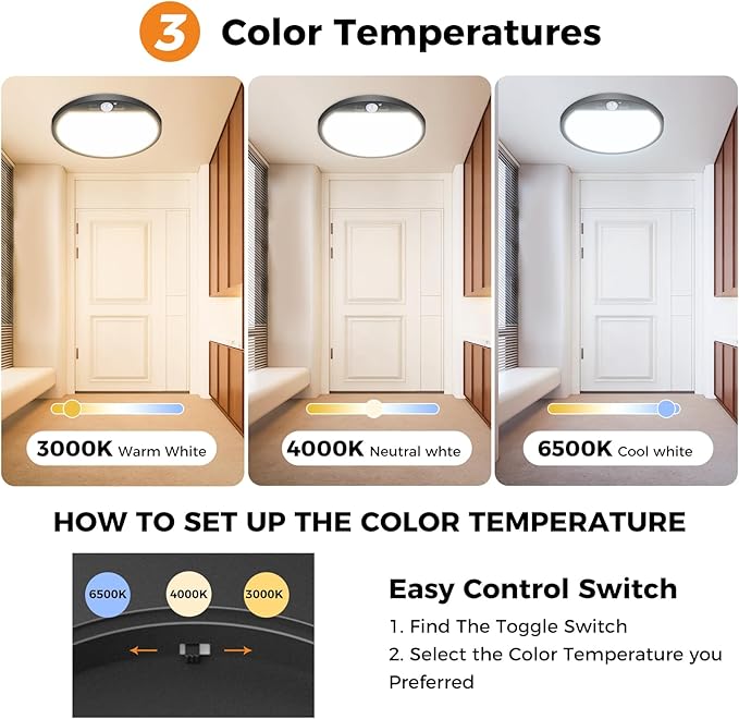 slochi 2Pack Motion Sensor Light Indoor Wired, 12 Inch 3000K/4000K/6500K Closet Lights Motion Sensored, 24W 2400LM Flush Mount Ceiling Light for Hallway Pantry Stairwell Porch, Black
