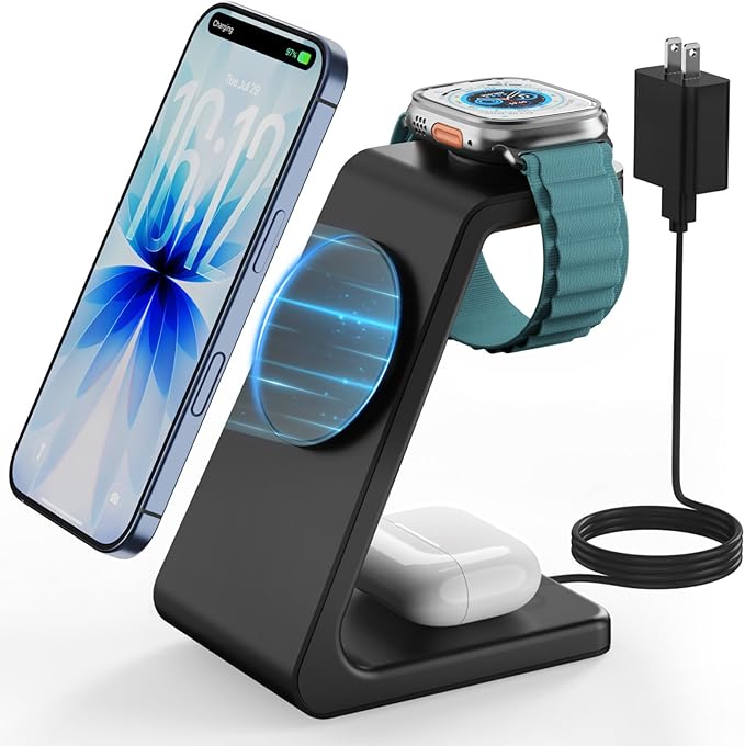 Magsafe Wireless Charging Station for iPhone: 3 in 1 15W Magnetic Portable Desktop Charging Station for iPhone17/16/15/14/13/12 Series, Apple Watch, AirPods 4/3/2/Pro