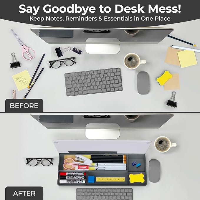 Chalkola Grey Glass Desktop Whiteboard with Storage - Dry Erase Board, Work Desk Organizers, Computer Keyboard Stand, Home Office Desk Accessories, Workspace Desktop Buddy