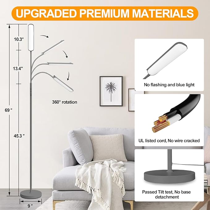 marctronic Grey LED Floor Lamp, 18W 1800LM Bright Floor Lamps with Remote & Works with Smart Plug, Dimmable Timing Eye Caring Reading Light Modern Standing Floor Lamp for Living Room Bedroom Office