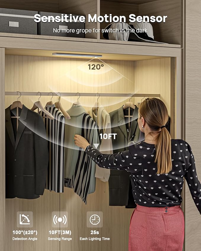 12" Under Cabinet Lights Wireless, Motion Sensor Light Indoor with Remote, LED Rechargeable Closet Light, 3 Color Temps, Dimmable, Magnetic, Under Counter Lights for Kitchen, Stairs, Pantry