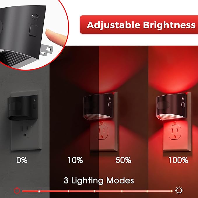 L LOHAS LED Night Light with Motion Sensor & Dusk to Dawn Sensor, Night Lights Plug into Wall with 30-100lm Adjustable Brightness, Dimmable Night Light for Bathroom Hallway, Red, 2 Pack