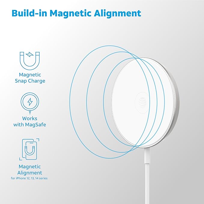 AT&T 15W Qi Wireless Charging Pad with Secure Magnetic Alignment, Qi Certified Fast Charger for iPhone, Android, Pixel, USB-C Input, Case-Friendly, Desk or Nightstand Use - White