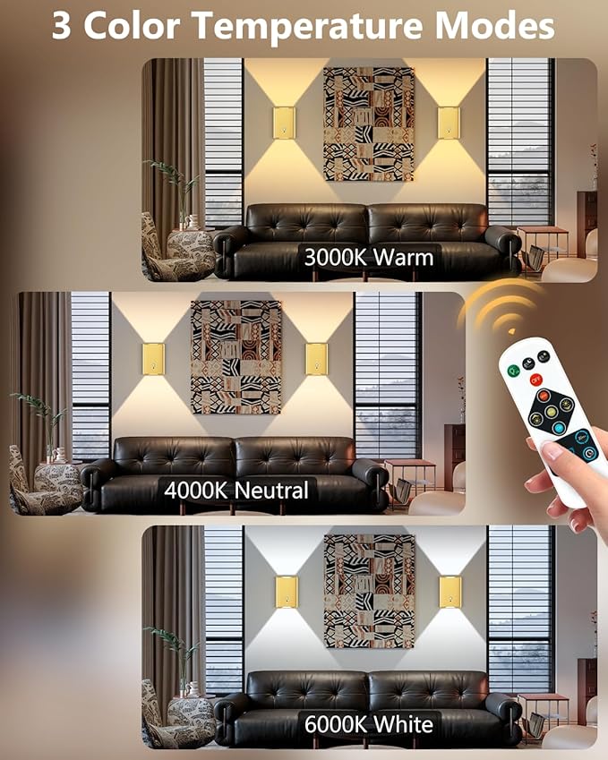 Rechargeable Motion Sensor Wall Sconce Set of 2 – 5000mAh Wireless Battery Operated Wall Light Indoor,3 Colors Up/Down Lighting Magnetic Night Light with Remote Control for Bedroom,Hallway (Gold)