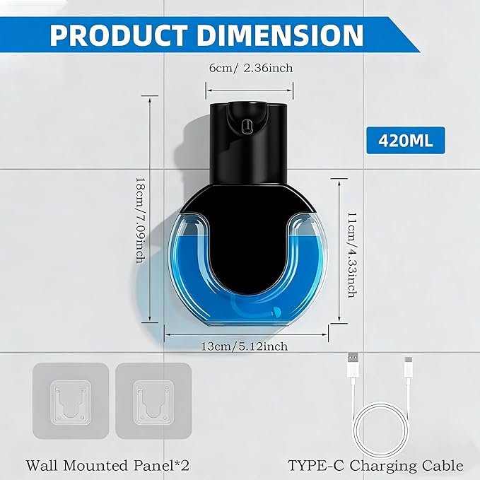 Automatic Soap Dispenser Touchless,Liquid Soap Dispenser USB Rechargeable,15oz/420ml Hand Soap Dispenser,4-Level Adjustable,Wall Mounted/Countertop Soap Dispenser for Bathroom Kitchen Dish Soap