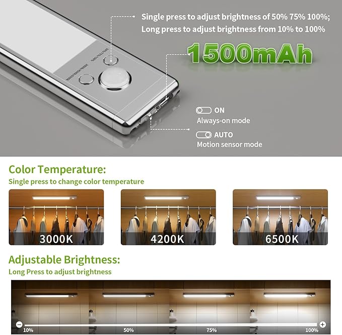 Under Cabinet Lighting, 2 Pack Motion Sensor Light Indoor, 76 LED USB Rechargeable Battery Operated, 3 Levels Dimmable Magnetic Closet Lights, Wireless Under Counter Lights for Kitchen Stairs Hallway