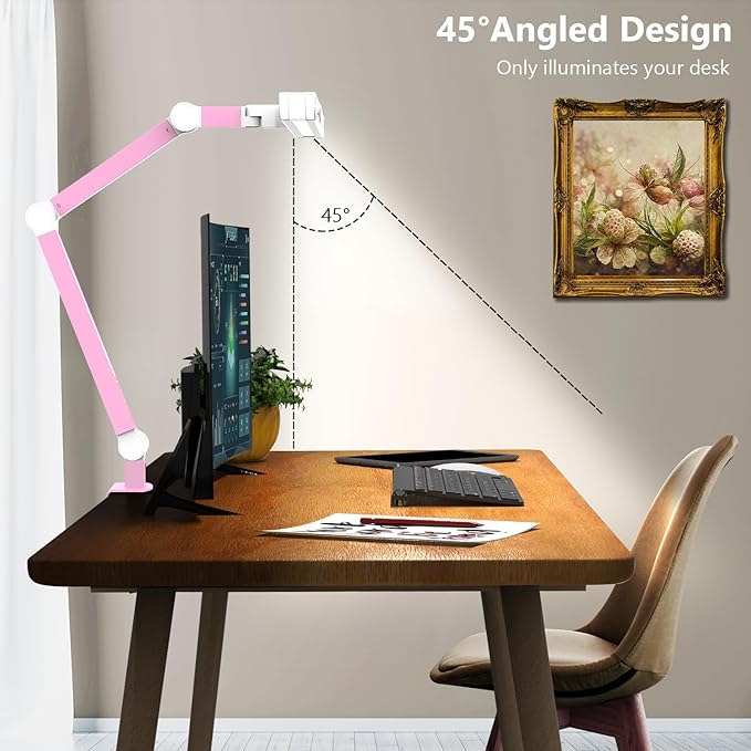 Micomlan Architect Desk Lamp for Home Office, Pink Desk Lamp with Clamp for Working, 24W Bright Rotatable Led Table Light Stepless Dimming Tempering Wide Computer Light for Crafting Puzzle Hobby