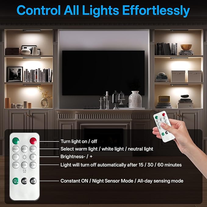 Under Cabinet Lighting Wireless,Motion Sensor Light Indoor Rechargeable,3Color Dimmable Closet Light Battery Operated with Remote Control,Under Counter Lights for Kitchen,Closet 2Pack