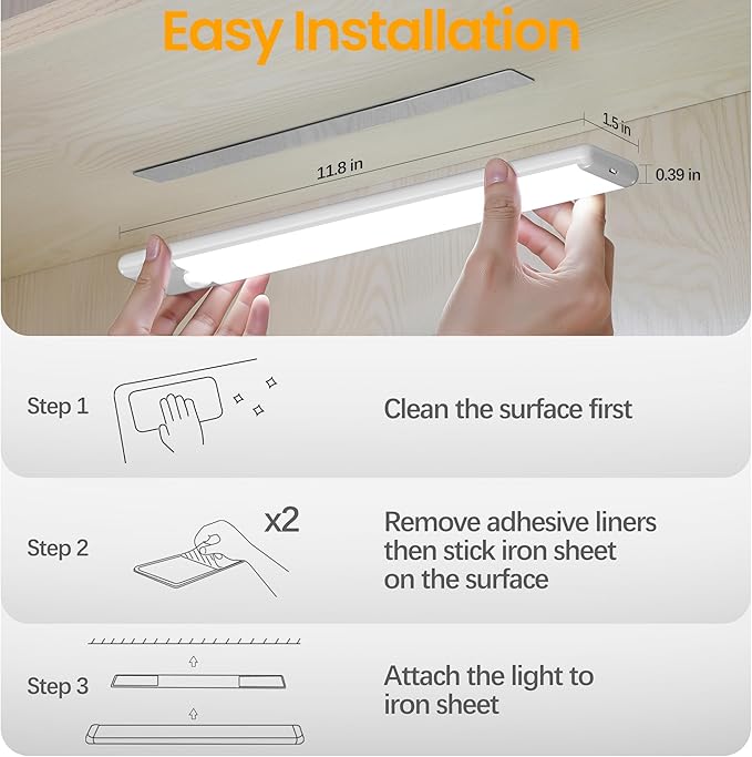 11.8 inch Motion Sensor Under Cabinet Light, 3 Color Temperature Dimmable Rechargeable Magnetic Closet Light Wireless Under Counter Lighting 5-Pack