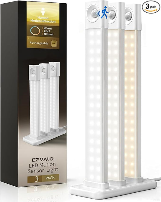 EZVALO Under Cabinet Lighting with Charging Station, 11.8'' Motion Sensor Light Indoor, 1500mAh Rechargeable LED Light, 3 Color Temperatures, Dimmable Counter Lights for Kitchen, Closet, Stair (3Pack)