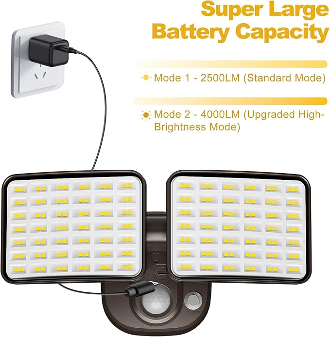 Rechargeable Battery Operated Motion Light 2500LM & 4000LM Motion Sensor Security Light(1-3 Months Endurance) USB Charging LED Flood Light Outdoor (Brown) 1 Pack