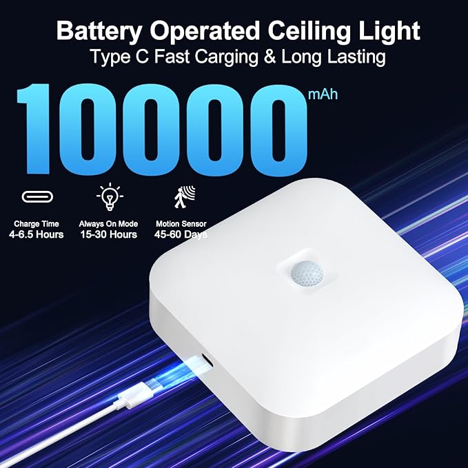 Yunaking Rechargeable Ceiling Light with Motion Sensor: Battery Operated LED Closet Light with Remote & Timing - Wireless Dimmable Magnetic Mount Shower Lamp for Bathroom/Stairs/Garage/Hallway