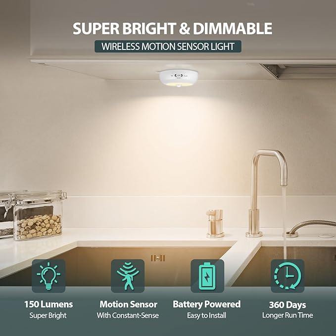 BLS 3.3” Motion Sensor Light Indoor AA Battery Powered, Under Cabinet Lighting Battery Operated, Magnetic Stick on LED Puck Nights Lights for Kitchen, Wall, Stair, Dimmable, 3000K Warm White (3 Pack)