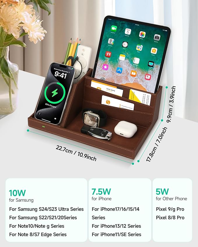 Fast Wireless Charging Station with Desk Organizer for iPhone 17/16/15/15 Pro/14/14 Pro Max/14 Pro/14 Plus/13/13 Pro Max/13 Pro/and iPhone 12/11 Series, Nightstand Desktop Organizer, Brown