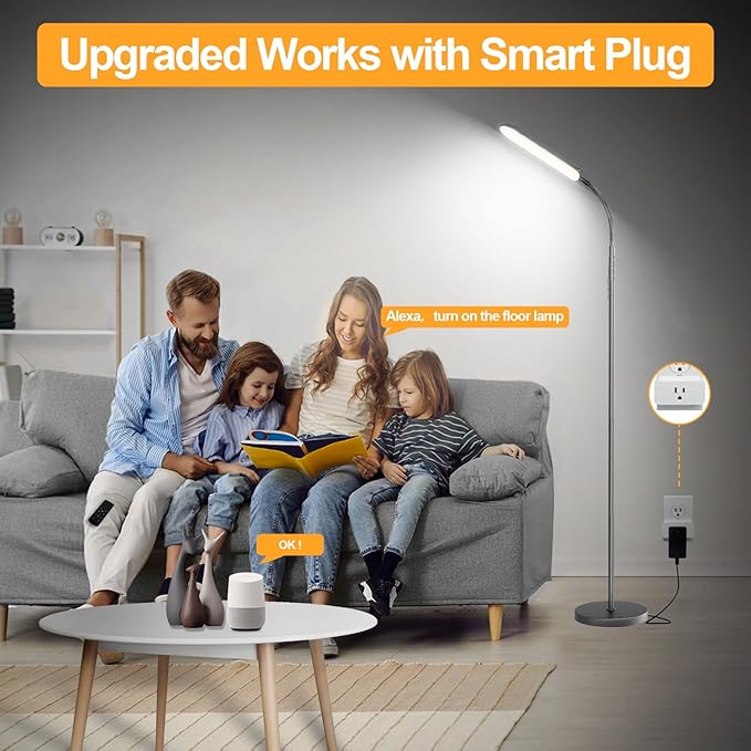 marctronic Grey LED Floor Lamp, 18W 1800LM Bright Floor Lamps with Remote & Works with Smart Plug, Dimmable Timing Eye Caring Reading Light Modern Standing Floor Lamp for Living Room Bedroom Office