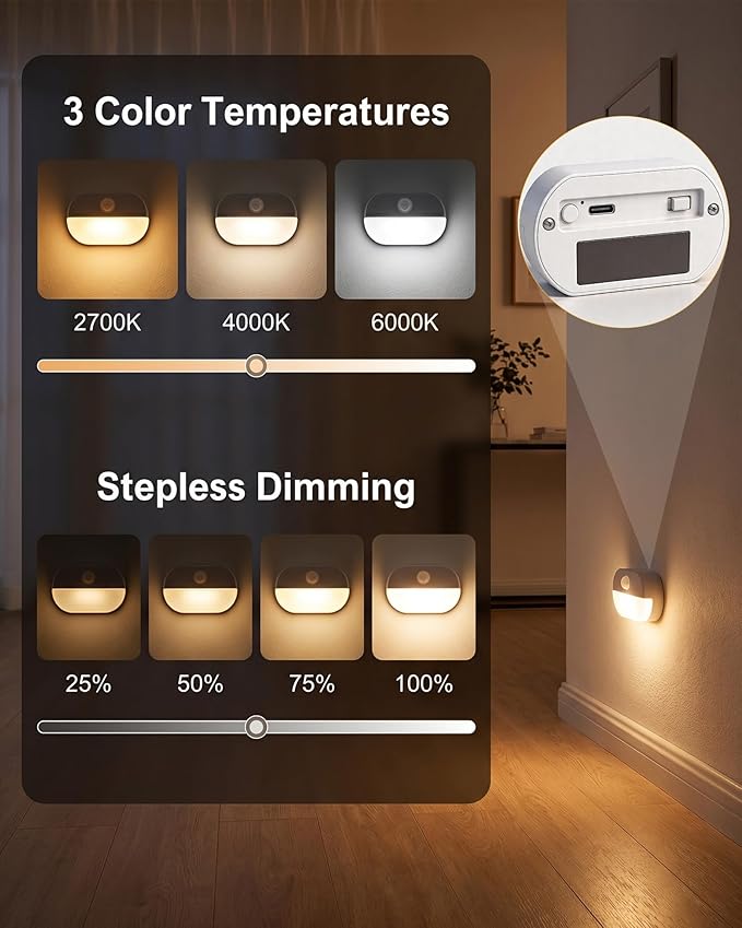 6 Pack Rechargeable Motion Sensor Stair Lights, Indoor Hallway Wall Light, Magnetic Wireless Peel and Stick On Closet Light, Battery Operated LED Night Lights for Step Bedroom Cabinet Toilet Bathroom