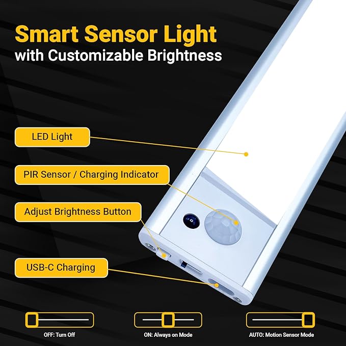 2 Pack Under Cabinet Lights 1500mAh, 40 LED Dimmable Closet Lights with 3 Adjustable Color Temperature, Rechargeable Battery Operated Motion Sensor, Under Cabinet Lighting for Kitchen,Closet (8 Inch)