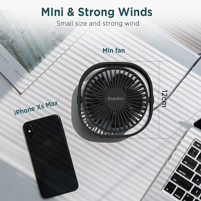 EasyAcc USB Small Desk Fan, Slumber Pod Fan [360°Rotatable Head &Powerful ] 3 Speeds Portable Personal Table Travel Fan for Sleeping Desk Cruise Ship Dorm Bedroom Office Office (No Battery)