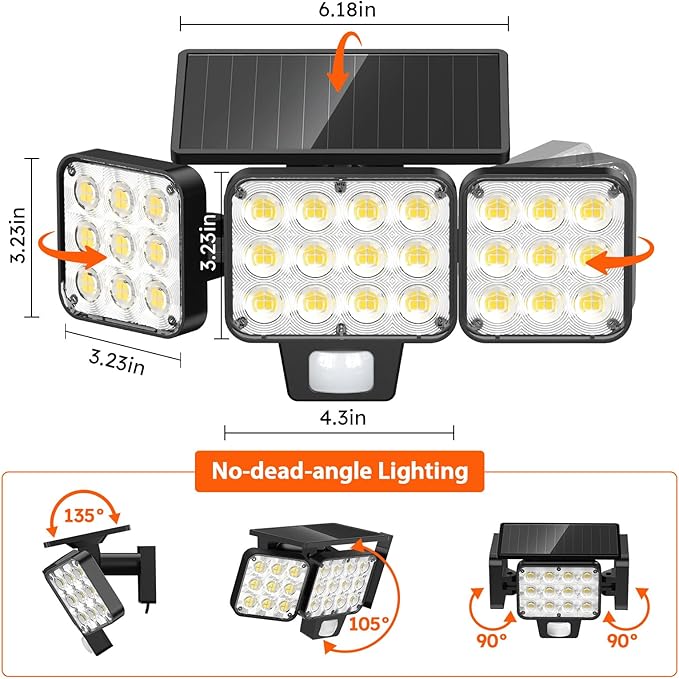 WdtPro Solar Lights Outdoor Flood Light, 3500LM Bright Motion Sensor Outdoor Lights, 3 Heads & Upgrade Glass Panel, LED Solar Powered Security Light Spotlights Waterproof for Outside Yard-2Pack