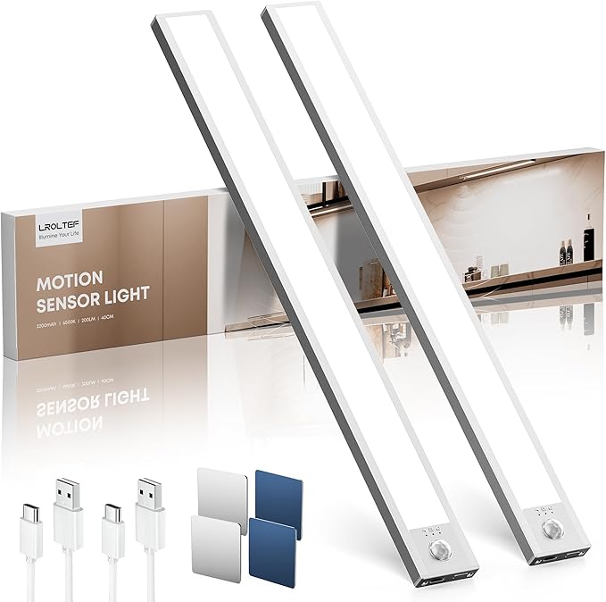 LROLTEF Under Cabinet Lighting Wireless, 2 Pack 15.7 inch 2200mAh 6500K Dimmable Motion Sensor Light Indoor, Rechargeable LED Under Counter Lights for Kitchen, Shelf, Stairs, Closet