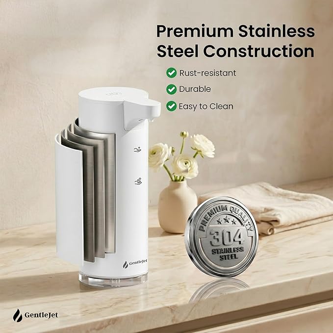 GentleJet EasyFoam Automatic Foaming Soap Dispenser, Touchless USB-C Rechargeable Sensor Pump, 304 Stainless Steel, Adjustable Foam, IPX5 Water-Resistant for Bathroom & Kitchen, 10 fl oz / 300 mL