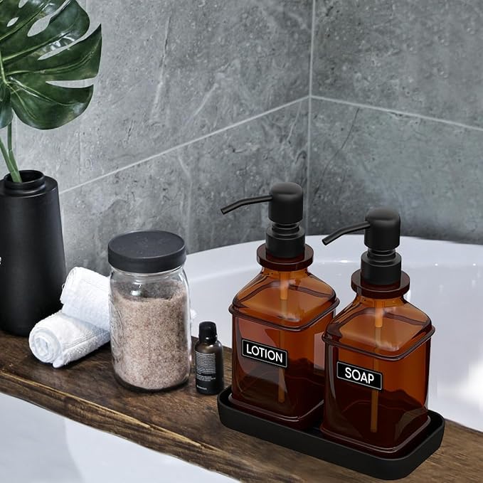 LMQML Soap Dispenser - 2 Pack, Antique Design Thick Amber Glass Hand Soap Dispensers with Sturdy Tray; 304 Rust Proof Stainless Steel Black Pump, 12Pcs Stickers, for Kitchen, Bathroom- Black