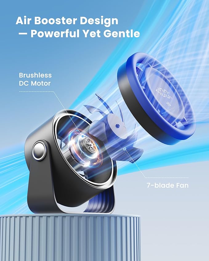 Gaiatop Small Desk Fan Rechargeable, Quiet Personal Table Fan, Touch Control Display, 360° Tilt, 5-Speed Strong Wind, 4000mAh Battery, Small Fans for Bedroom Dorm Office, Gifts for Women Men, Blue