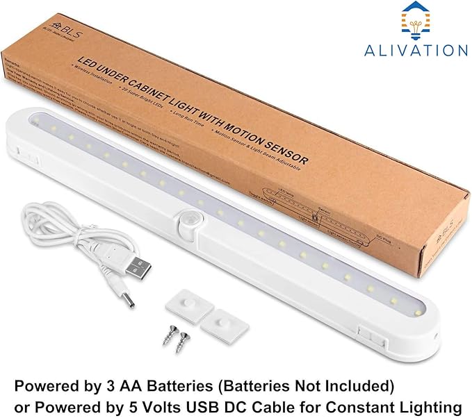 Alivation Closet Lights Battery Operated Led Lights, Motion Sensor Light Indoor Under Cabinet Lights, Under Counter Lights for Kitchen, 3 AA Battery Powered/DC Input Lights, Day & Night Mode, Dimmable