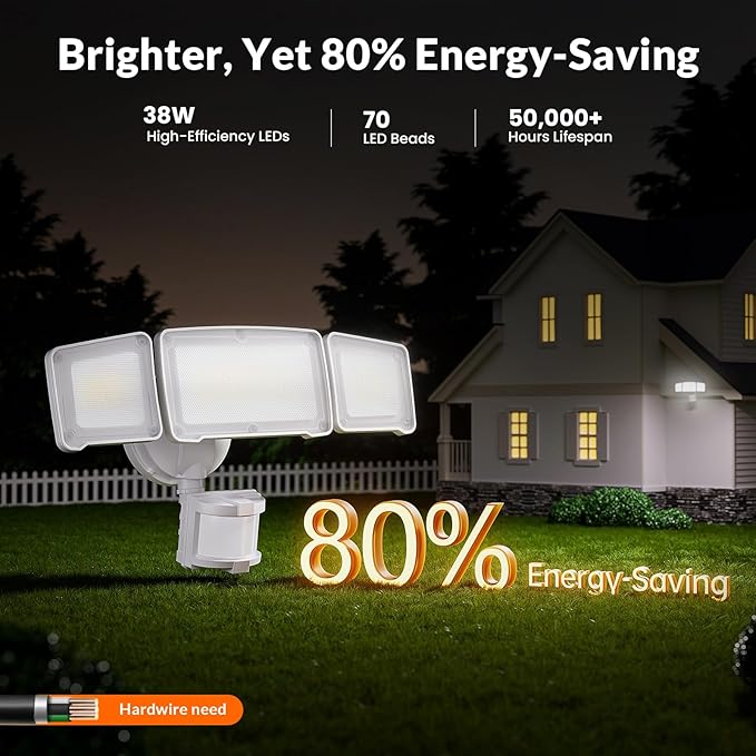 LEPOWER LED Security Lights Motion Sensor Light Outdoor, 38W 4200LM Light, 5500K, IP65 Waterproof, 3 Head Detected Flood Light for Garage, Yard, Porch (White)