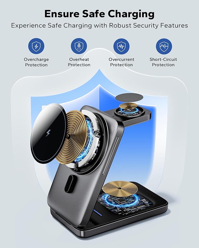 KPON Foldable 3in1 Charging Station for Magsafe, Travel Phone and Watch Charger for Apple, PD20W Wireless Charging Dock for Multiple Devices iPhone 17 16 15 14 13 12 Series/Apple Watch/Airpods