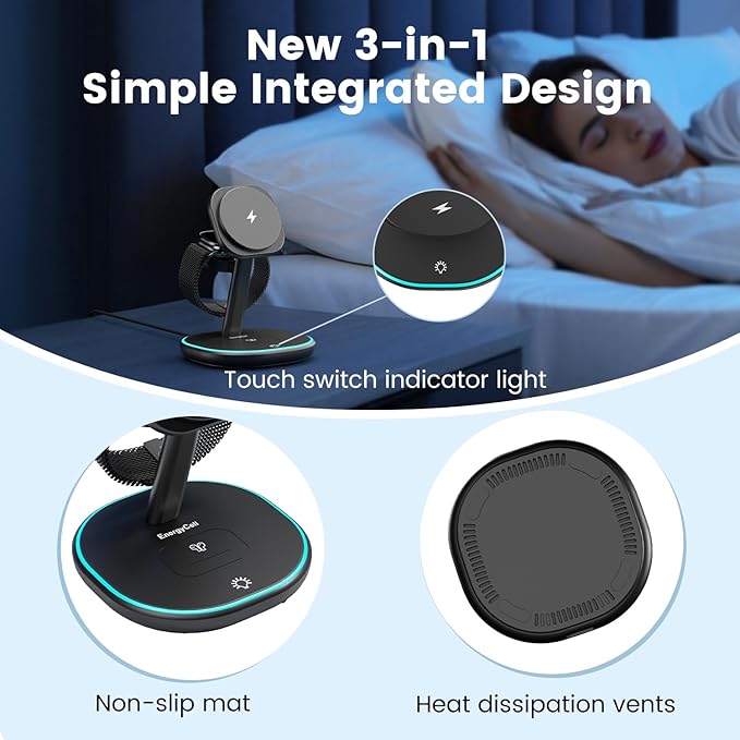 3-in-1 Charging Station, 2X Faster 15W Wireless Charging Station for iPhone 16/15/14/13/12, for Apple Watch, AirPods, Magnetic Wireless Charger with Sleep Friendly Light (Black)
