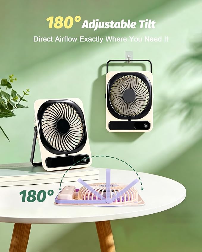 Portable Folding Desk Fan, 5-Speed Quiet Personal Fan w/180° Adjustable Stand & Strong Airflow, 2000mAh Rechargeable Battery Operated Small Fan for Home Office Travel, Tabletop or Hanging Use