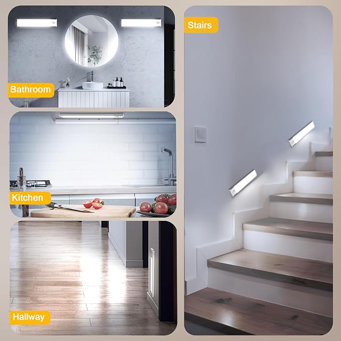 Onforu 9.8" Under Cabinet Lighting, 2000mAh USB-C Rechargeable, Motion Sensor Under Cabinet Lights with 3 Color & Dimmable, Magnetic Under Counter Lights for Kitchen, Closet, 6 Pack