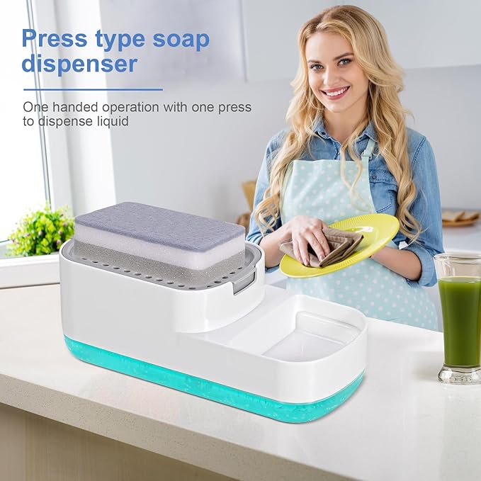 Dish Soap Dispenser for Kitchen Sink with Sponge Holder 3 in 1 Easy Refill Dish Soap Dispenser with Sponge Holder 20 Ounces Sponge Soap Dispenser- White